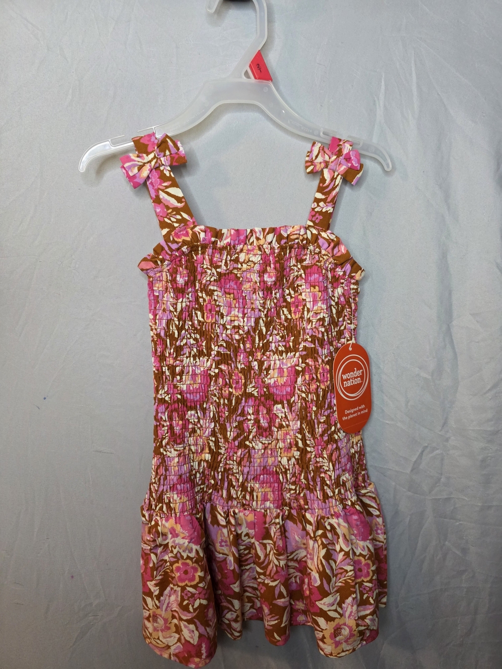 wonder nation Pink & Brown Floral Smocked Sundress with Bow Straps